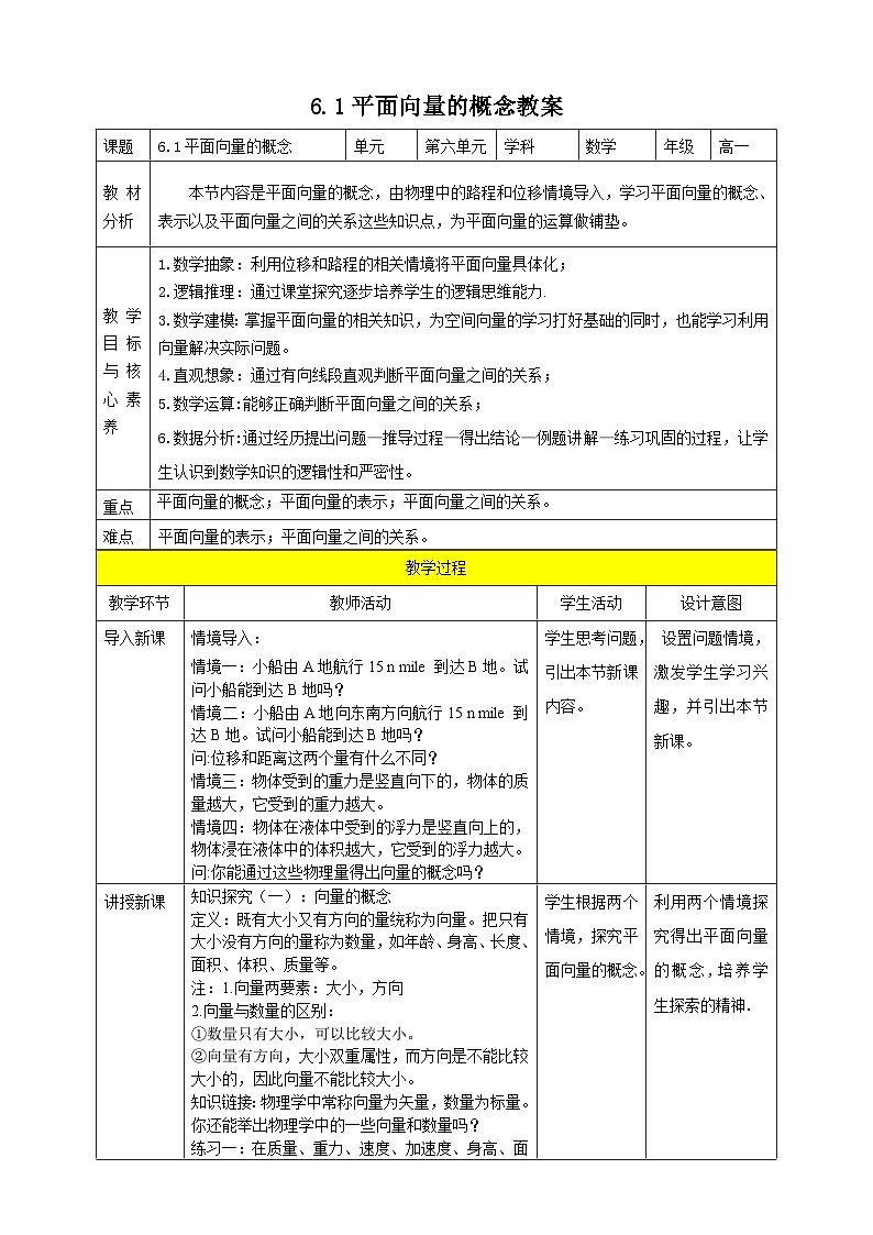 人教A版 2019 高一必修2数学 6.1 平面向量的概念 教案01