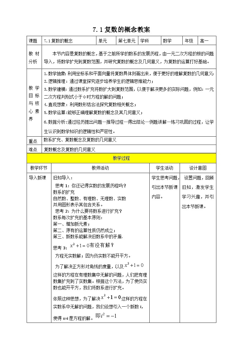 人教A版 2019 高一必修2数学 7.1 复数的概念 教案01