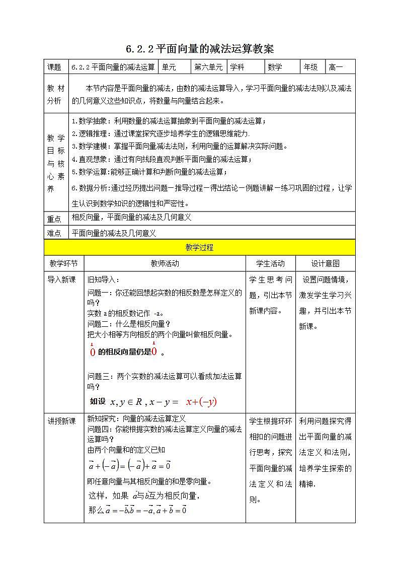 人教A版 2019 高一必修2数学 6.2.2 平面向量的减法运算 课件+教案01
