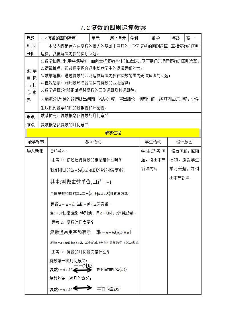 人教A版 2019 高一必修2数学 7.2 复数的四则运算 课件+教案01