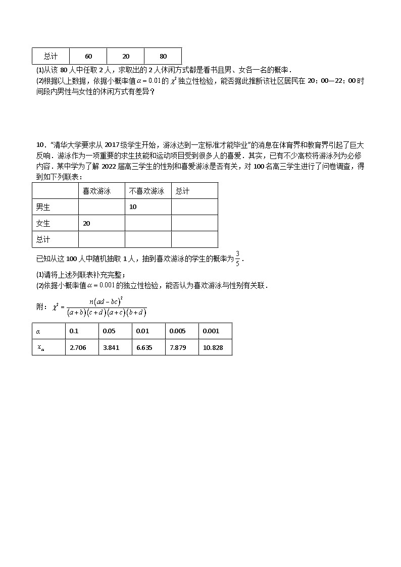 新人教A版数学选择性必修三 8.3 列联表与独立性检验 课件+分层练习（基础练+能力练）+学案03