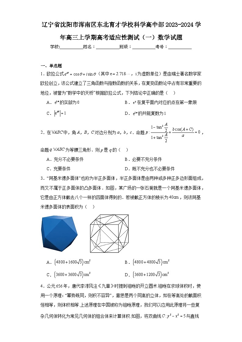 辽宁省沈阳市浑南区东北育才学校科学高中部2023-2024学年高三上学期高考适应性测试（一）数学试题（含解析）第1页