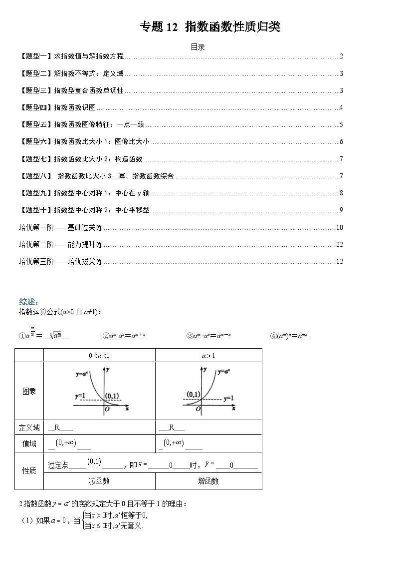 新高一预习：题型分类细讲精练12 指数函数性质归类（人教数学A版2019必修第一册）01