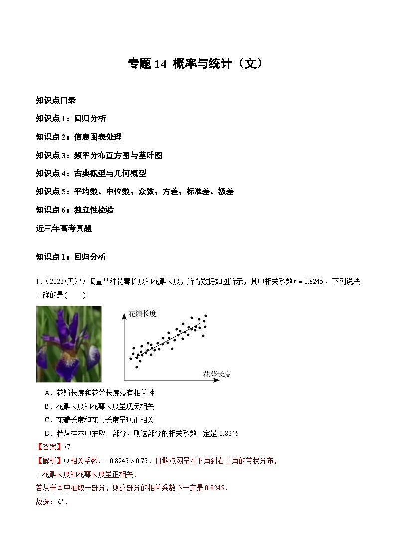 高考数学真题分项汇编三年（2021-2023）（全国通用）专题14+概率与统计（文）01