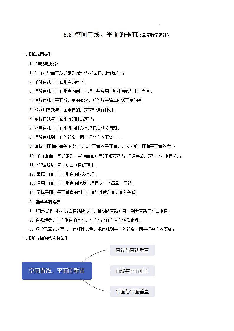 【大单元】8.6.2 直线与平面垂直 课件+单元教学设计+分层作业(必做题+选做题)01
