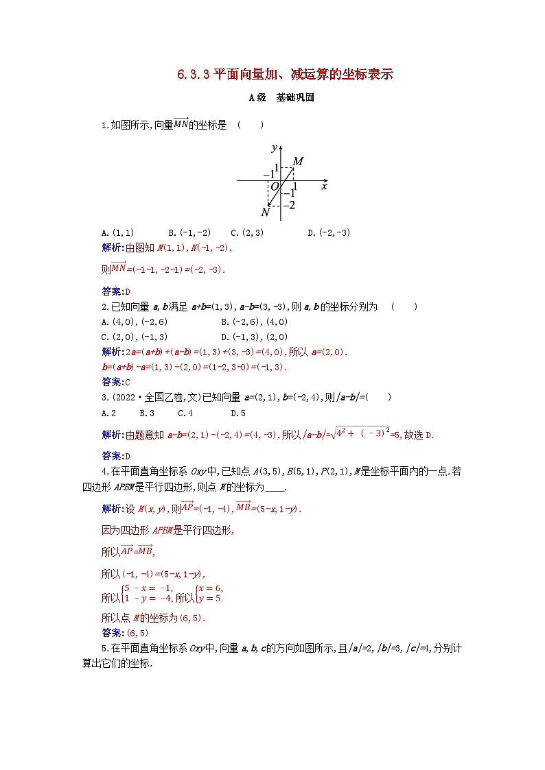 新教材2023高中数学第六章平面向量及其应用6.3平面向量基本定理及坐标表示6.3.2平面向量的正交分解及坐标表示6.3.3平面向量加减运算的坐标表示分层演练新人教A版必修第二册01