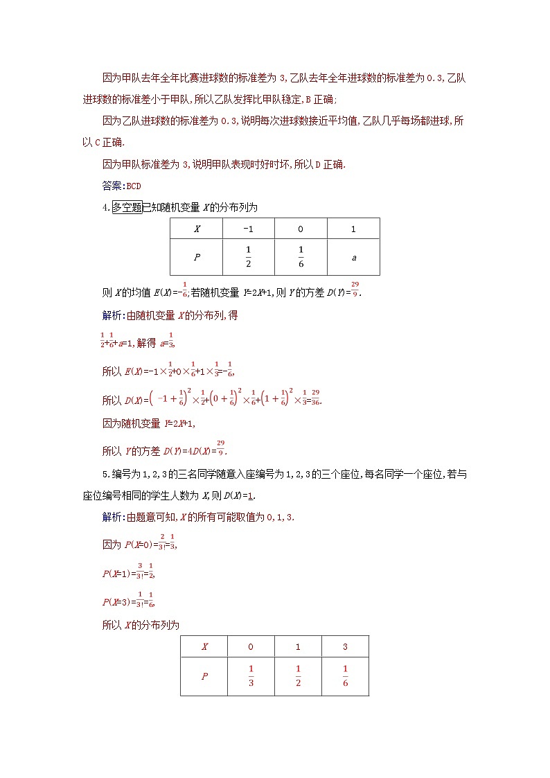 新教材2023高中数学第七章随机变量及其分布7.3离散型随机变量的数字特征7.3.2离散型随机变量的方差分层演练新人教A版选择性必修第三册02