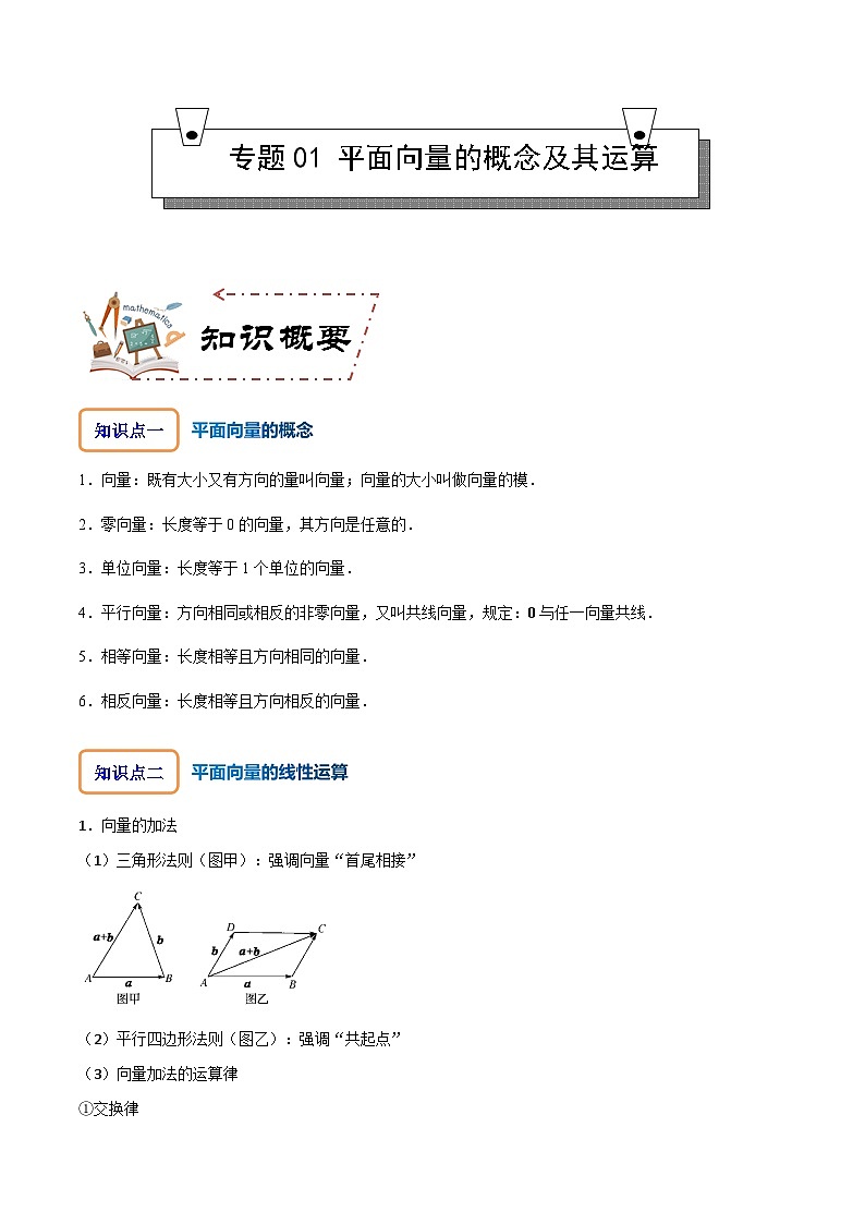专题01 平面向量的概念及其运算-2023-2024学年高一数学知识•考点培优讲义（人教A版2019必修第二册）01