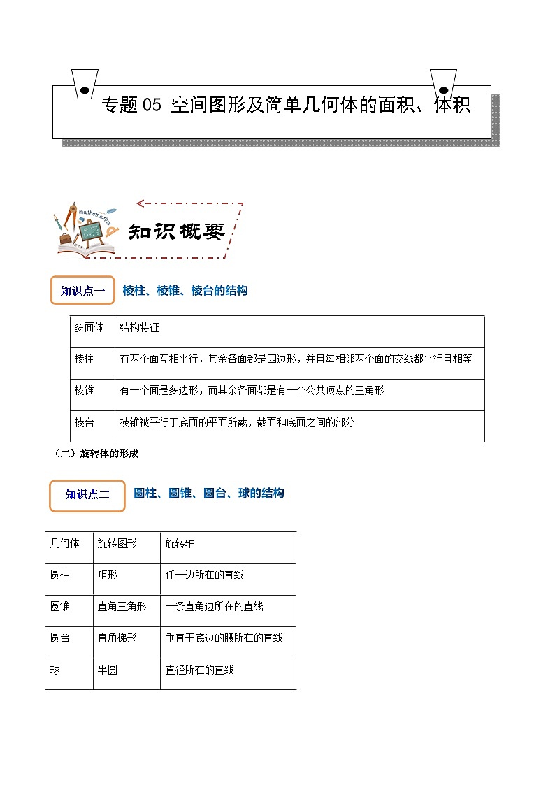 专题05 空间图形及简单几何体的面积、体积-2023-2024学年高一数学知识•考点培优讲义（人教A版2019必修第二册）01