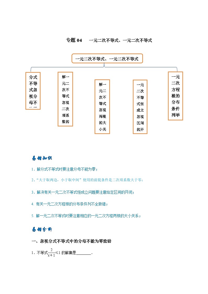 易错点04 一元二次不等式及一元二次方程-备战2024年高考数学易错题（新高考专用）（原卷版）第1页