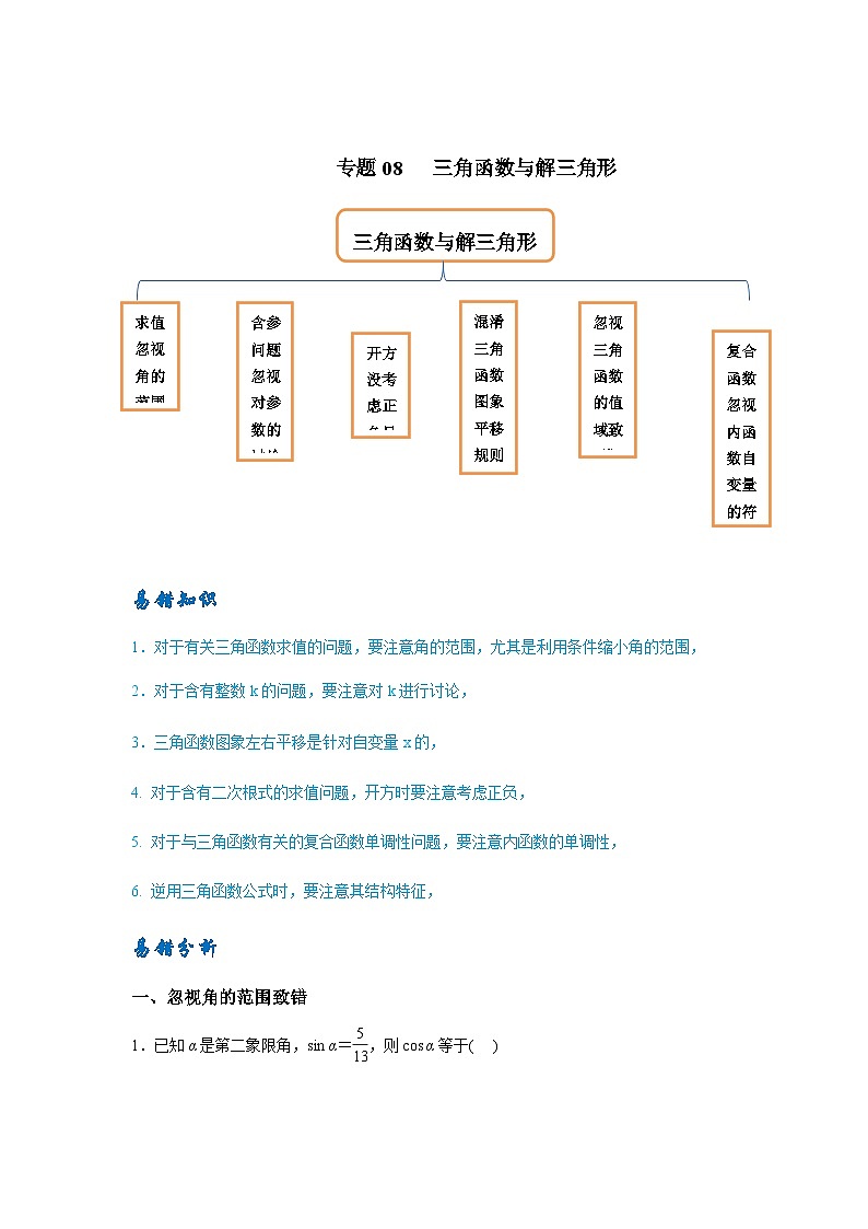 易错点08 三角函数与解三角形-备战2024年高考数学考试易错题（新高考专用）01