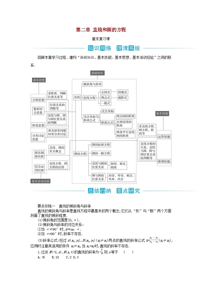 新教材2023高中数学第二章直线和圆的方程第二章直线和圆的方程章末复习课新人教A版选择性必修第一册 试卷01