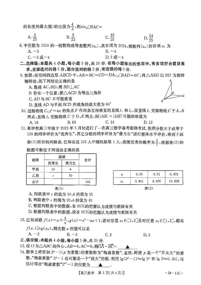 数学丨贵州省2024届高三上学期８月入学考试数学试卷及答案第2页