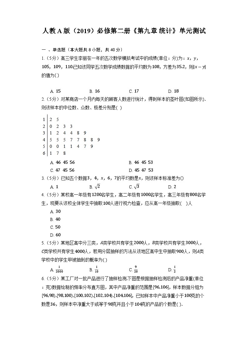 【单元测试】高中数学人教A版(2019)必修第二册--《第九章 统计》单元测试1（含解析）01