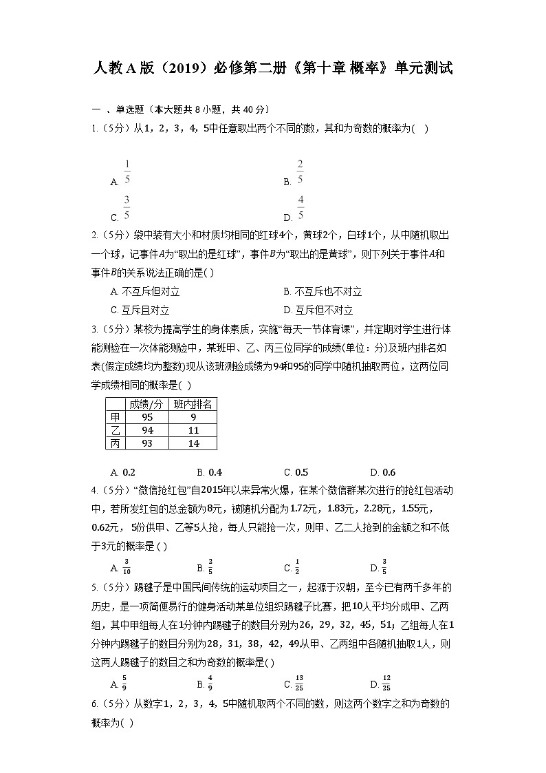 【单元测试】高中数学人教A版(2019)必修第二册--《第十章 概率》单元测试1（含解析）01