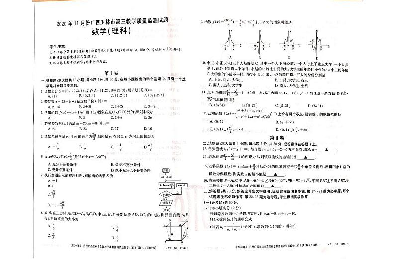 2021届广西玉林市高三上学期第一次摸底考试数学（理）试题 PDF版第1页