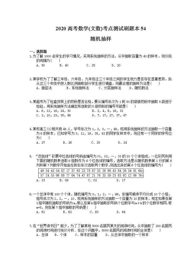 高考数学一轮复习考点测试刷题本54 随机抽样（含答案解析）第1页