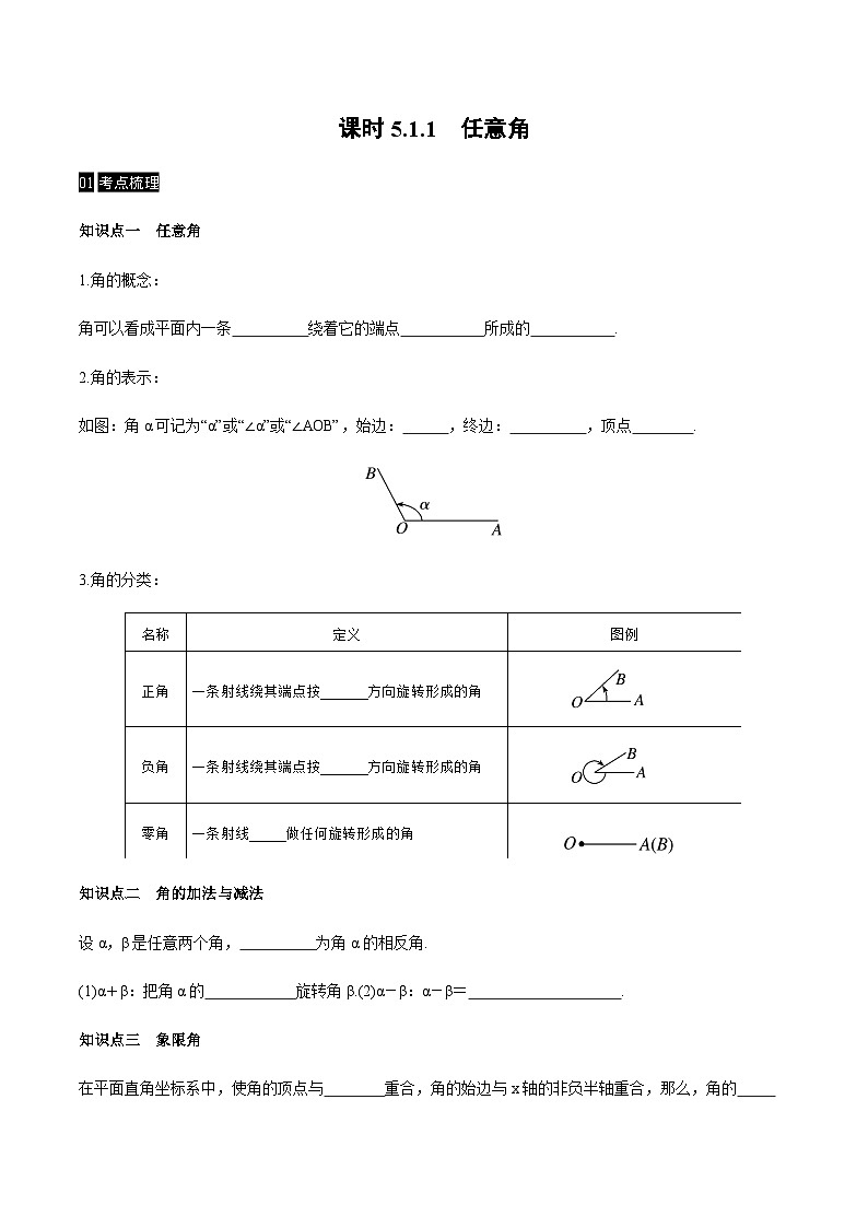 【同步学案】高中数学人教A版(2019)必修第一册--课时5.1任意角和弧度制 学案 2课时（Word版含答案）01
