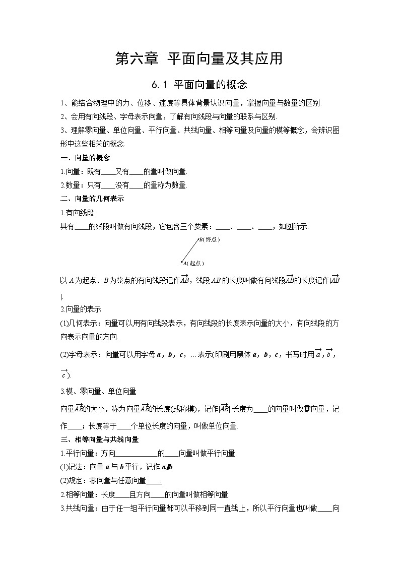 【同步导学案】高中数学人教A版(2019)必修第二册--6.1 平面向量的概念 导学案（原卷版）第1页