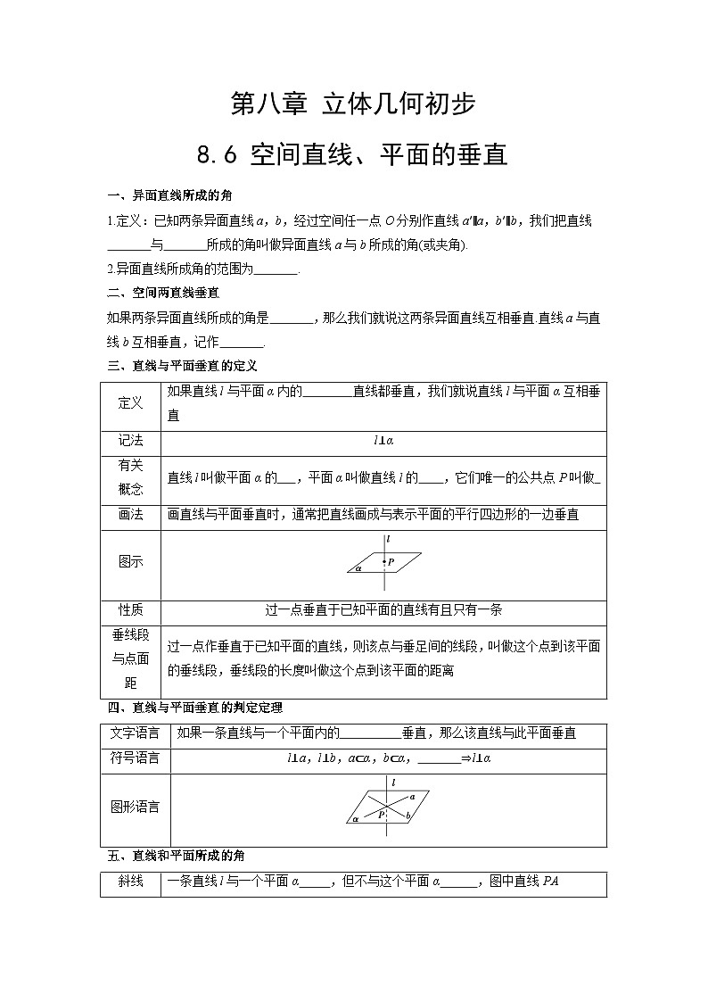 【同步导学案】高中数学人教A版(2019)必修第二册--8.6 空间直线、平面的垂直 导学案（原卷版+解析版）01
