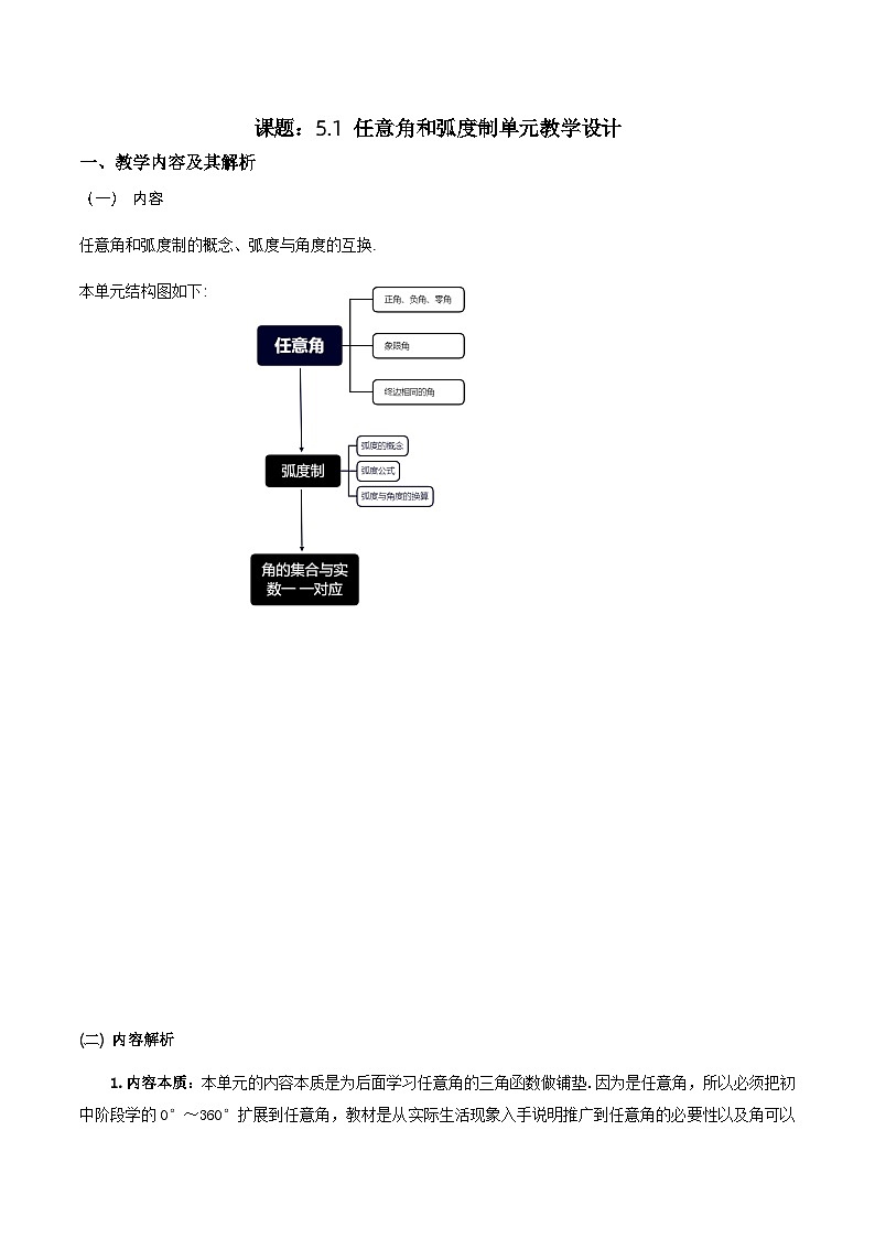 【小单元教案】高中数学人教A版(2019)必修第一册--5.1 任意角和弧度制（单元教学设计）01