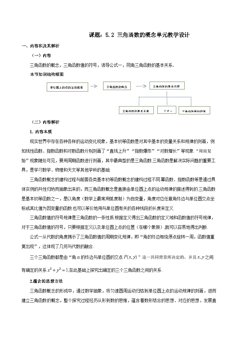 【小单元教案】高中数学人教A版(2019)必修第一册--5.2 三角函数的概念（单元教学设计）01