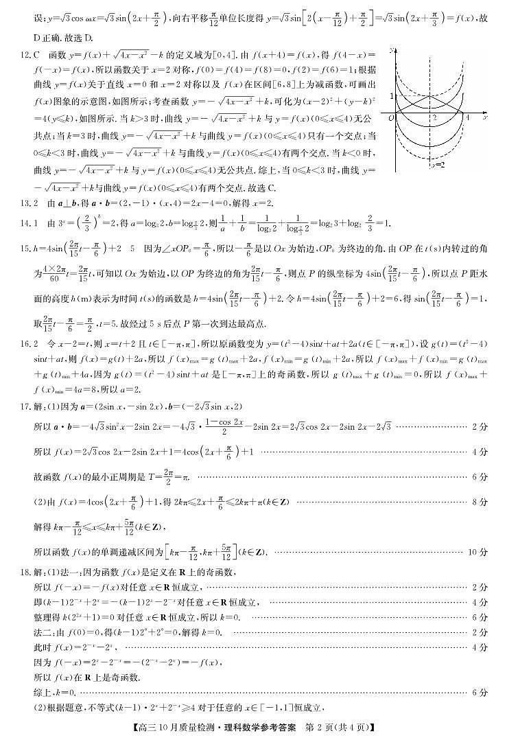 九师联盟2020-2021学年度高三10月份质量检测卷理科数学答案第2页
