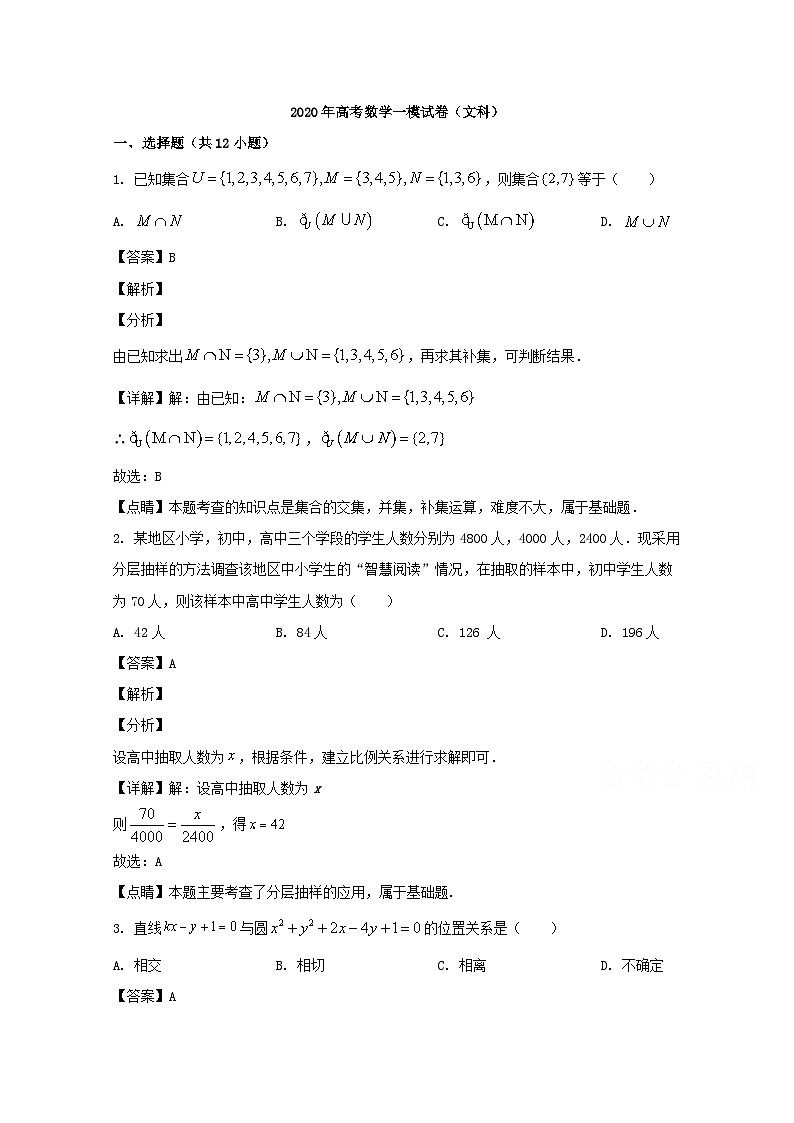 广东省广州市2020届高三普通高中毕业班综合测试一（一模考试）数学（文）试题 Word版含解析01