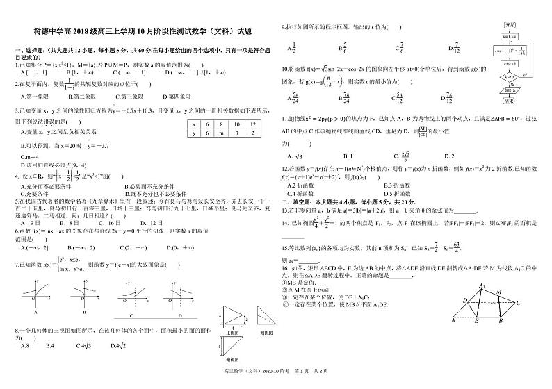 四川省成都市树德中学2021届高三上学期10月阶段性测数学（文科）01
