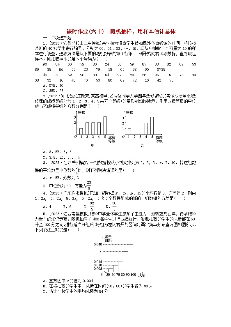 2024版新教材高考数学全程一轮总复习课时作业六十随机抽样用样本估计总体第1页