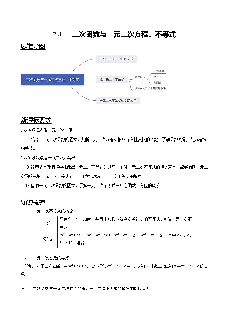 【同步讲义】（人教A版2019）高一数学必修一：2.3 二次函数与一元二次方程、不等式 讲义01