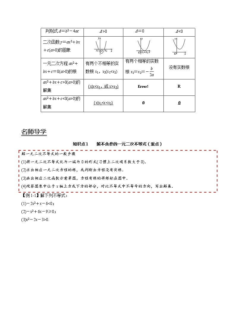 【同步讲义】（人教A版2019）高一数学必修一：2.3 二次函数与一元二次方程、不等式 讲义02