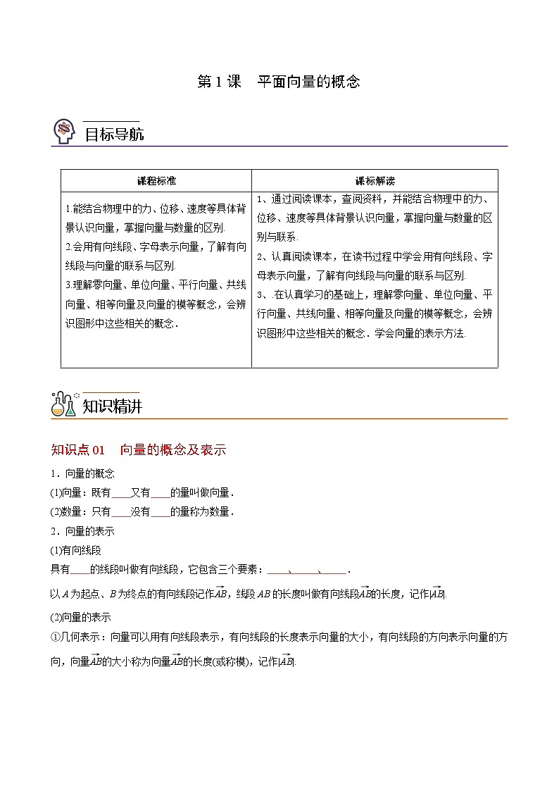 【同步讲义】（人教A版2019）高中数学必修二：第01讲 平面向量的概念 讲义01