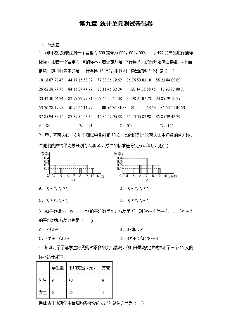 【同步讲义】（人教A版2019）高中数学必修二：第九章 统计单元测试（基础卷）01