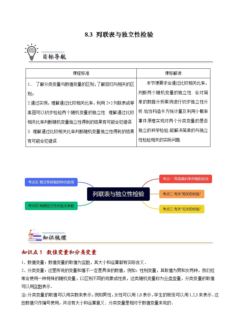 【同步讲义】（人教A版2019）高中数学选修第三册：8.3 列联表与独立性检验 （原卷版）第1页