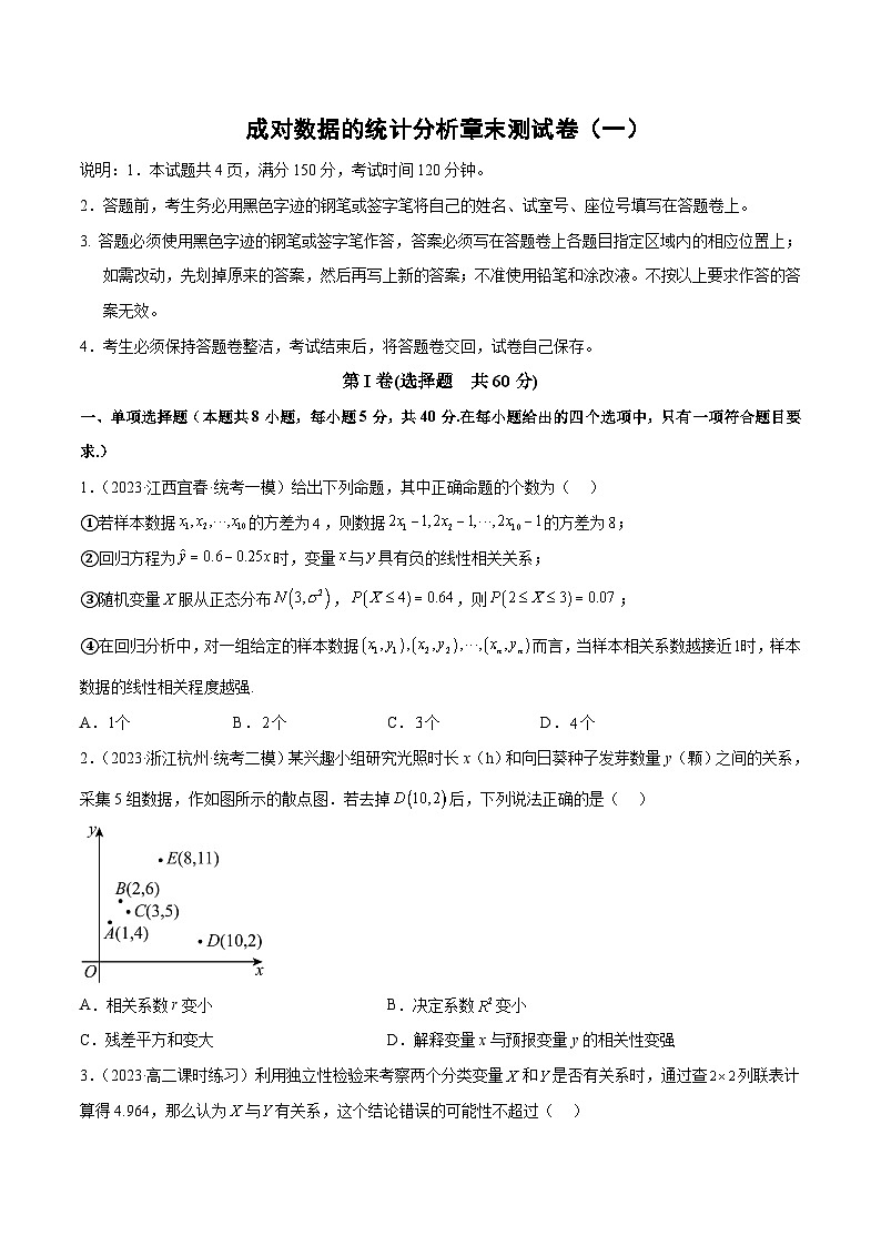 【同步讲义】（人教A版2019）高中数学选修第三册：成对数据的统计分析章末测试卷（一）（原卷版）第1页