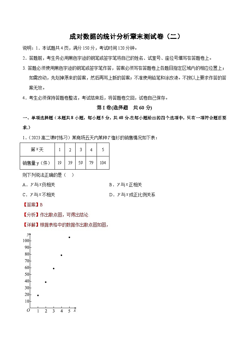 【同步讲义】（人教A版2019）高中数学选修第三册：成对数据的统计分析章末测试卷（二）（解析版）第1页