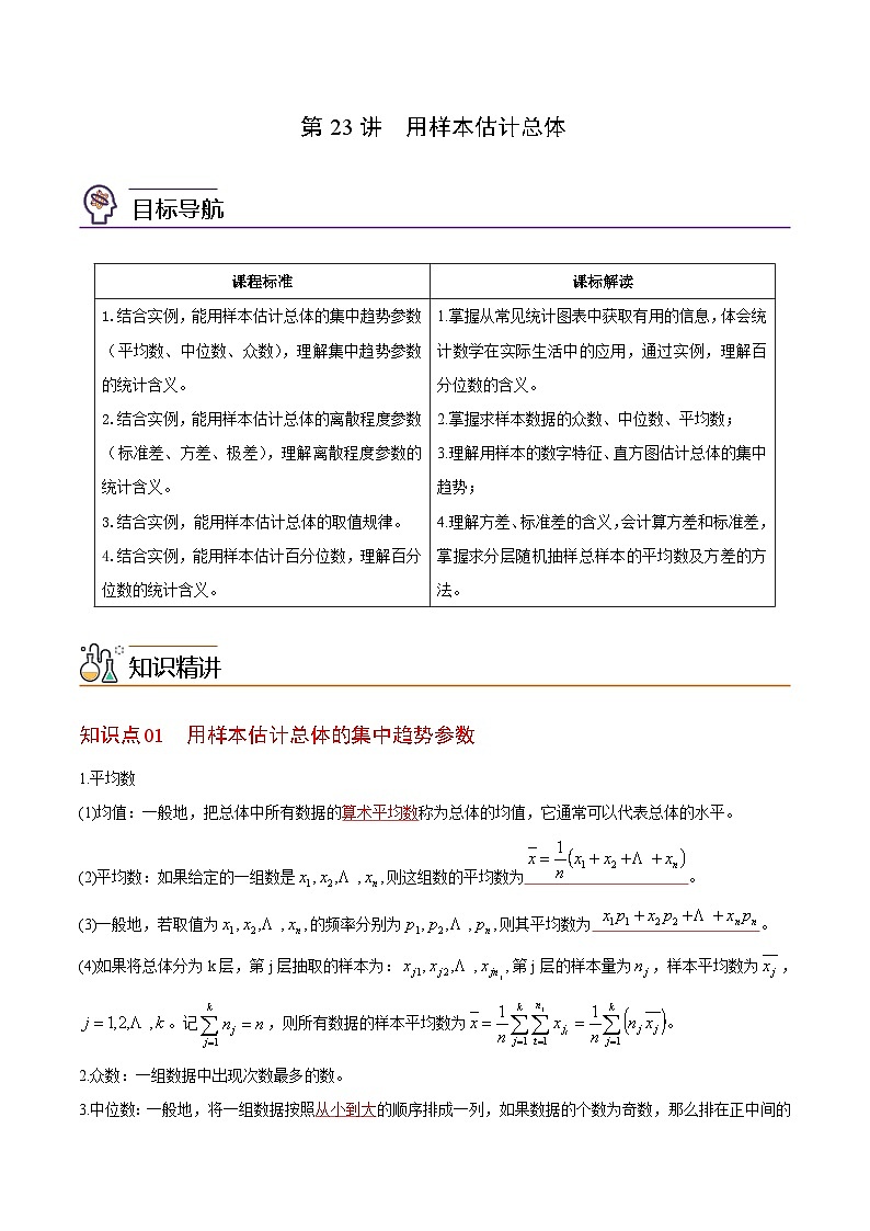 【同步讲义】（苏教版2019）高中数学必修二：第23讲  用样本估计总体 讲义01