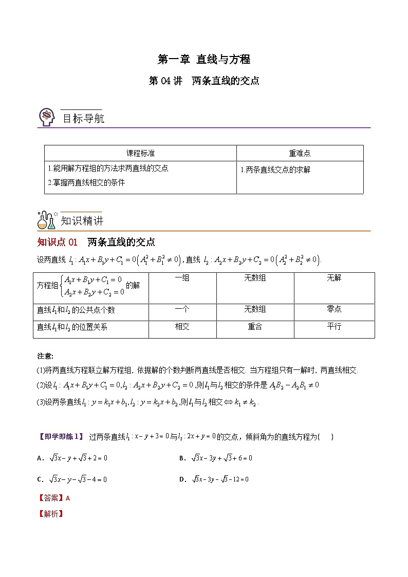 【同步讲义】（苏教版2019）高中数学选修第一册：第04讲 两条直线的交点 讲义01