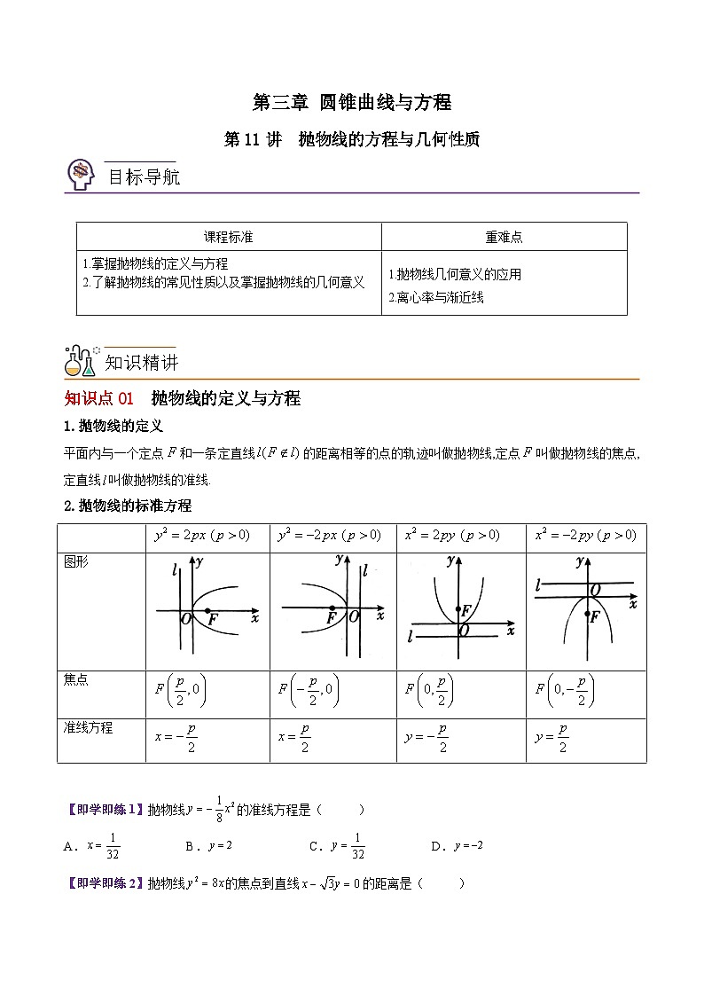 【同步讲义】（苏教版2019）高中数学选修第一册：第11讲 抛物线的方程与几何性质 讲义01