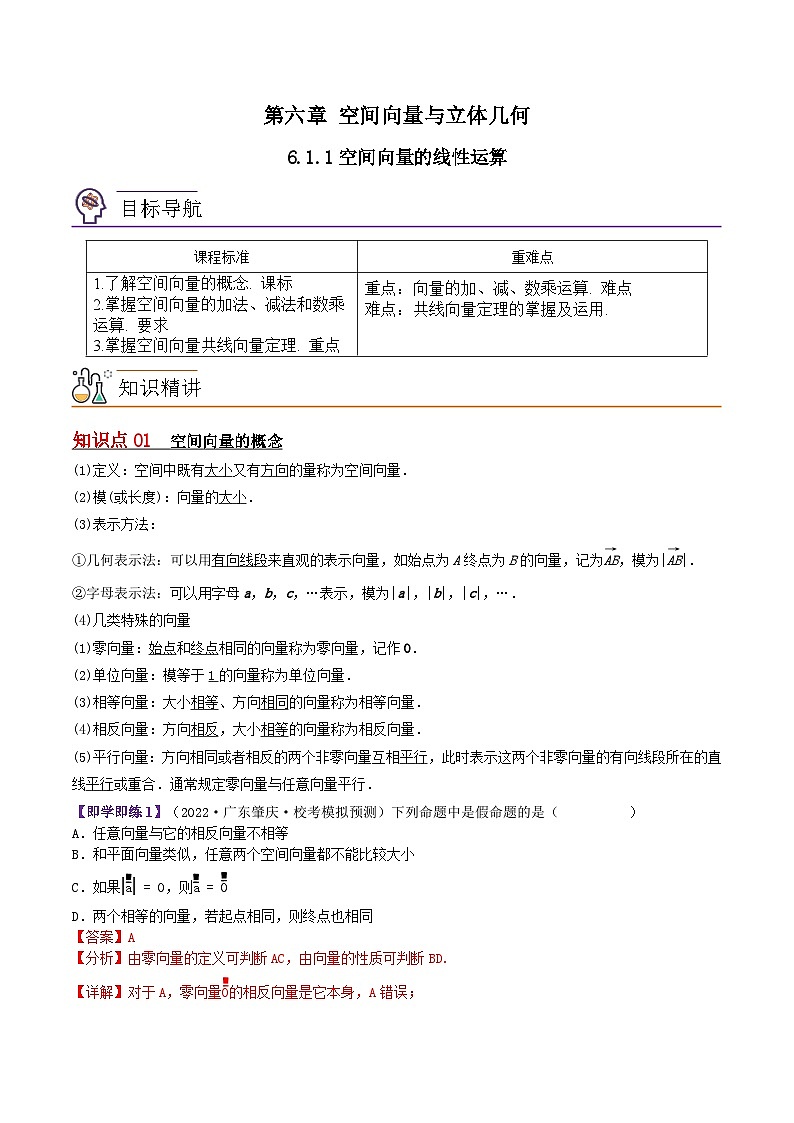 【同步讲义】（苏教版2019）高中数学选修第二册：6.1.1空间向量的线性运算（解析版）第1页