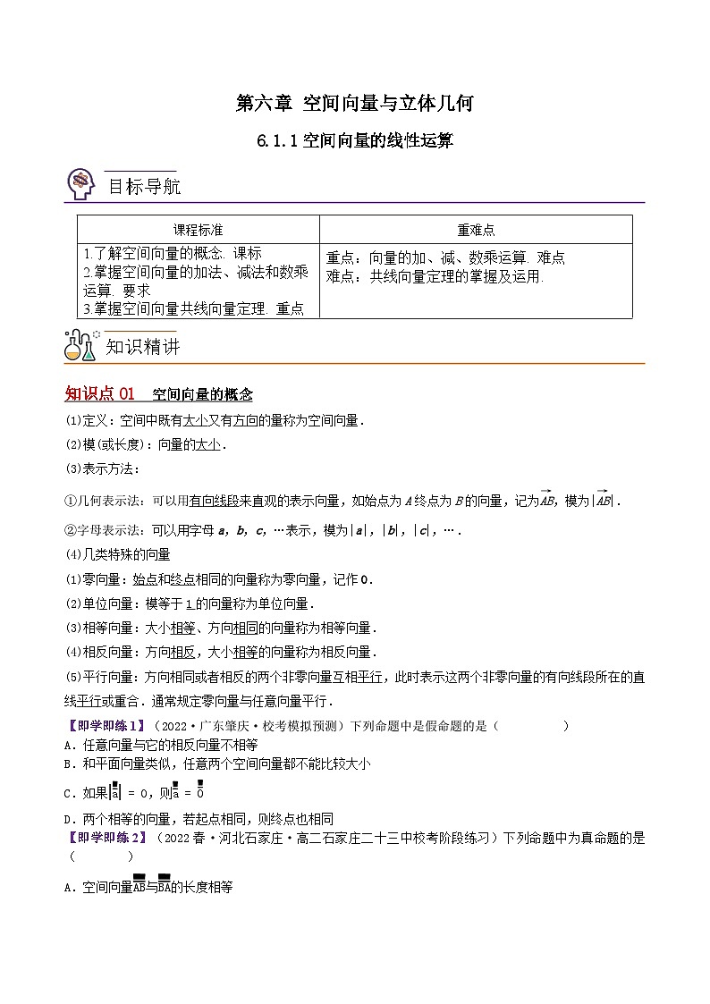 【同步讲义】（苏教版2019）高中数学选修第二册：6.1.1空间向量的线性运算（原卷版）第1页
