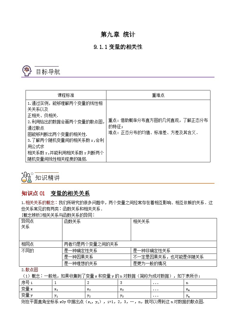【同步讲义】（苏教版2019）高中数学选修第二册：9.1.1变量的相关性（原卷版）第1页