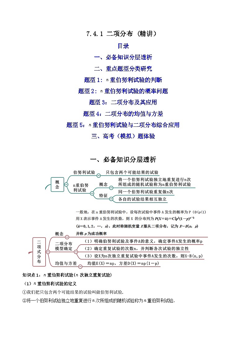 7.4.1二项分布(精讲）-2023-2024学年度高二数学下学期同步精讲精练（人教A版选择性必修第三册）01