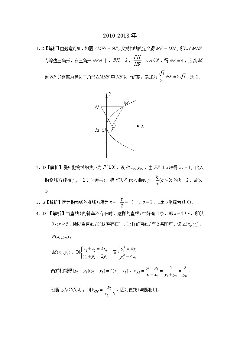 2024届高考数学第一轮复习：文科数学2010-2019高考真题分类训练之专题九  解析几何第二十七讲  抛物线答案第3页
