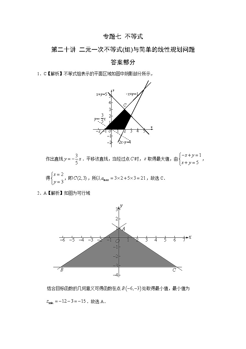 2024届高考第一轮复习：理科数学2010-2018高考真题分类训练之专题七 不等式  第二十讲 二元一次不等式(组)与简单的线性规划问题答案第1页