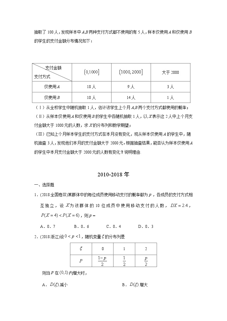 2024届高考第一轮复习：理科数学2010-2018高考真题分类训练之专题十一  概率与统计 第三十五讲离散型随机变量的分布列、期望与方差02