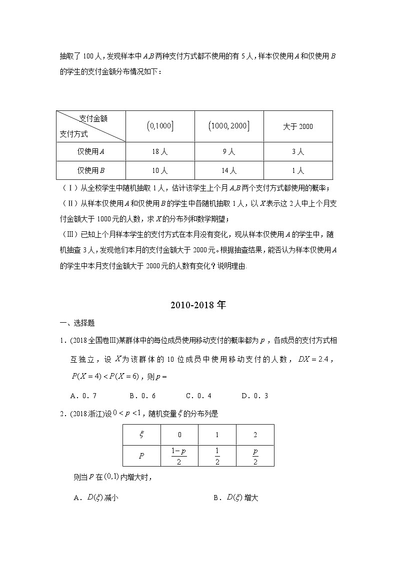 2024届高考第一轮复习：理科数学2010-2018高考真题分类训练之专题十一  概率与统计 第三十五讲离散型随机变量的分布列、期望与方差第2页