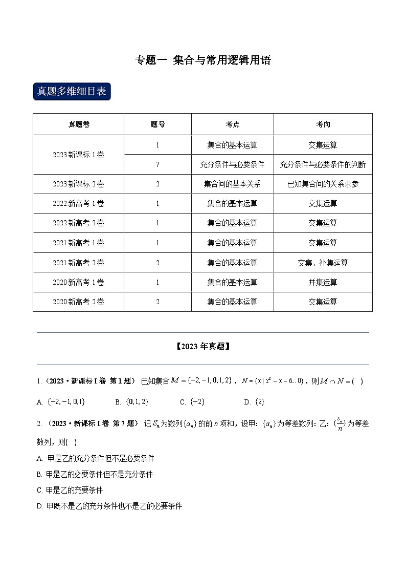两年(22-23)高考数学真题专题分类汇编专题一 集合与常用逻辑用语（原卷版）第1页
