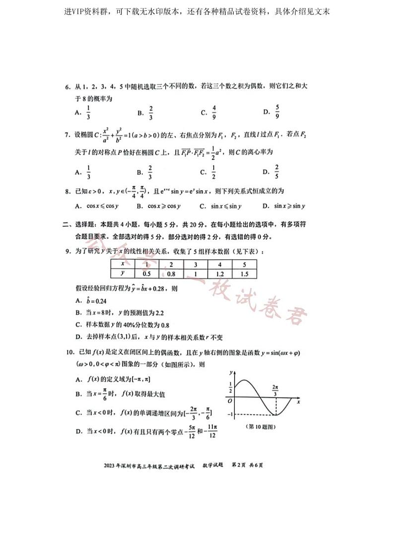 2023年深圳市高三年级第二次调研考试 数学第2页
